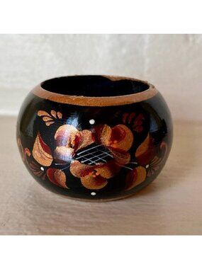 6 Handpainted Black Lacquered Copper Floral Round Napkin Rings